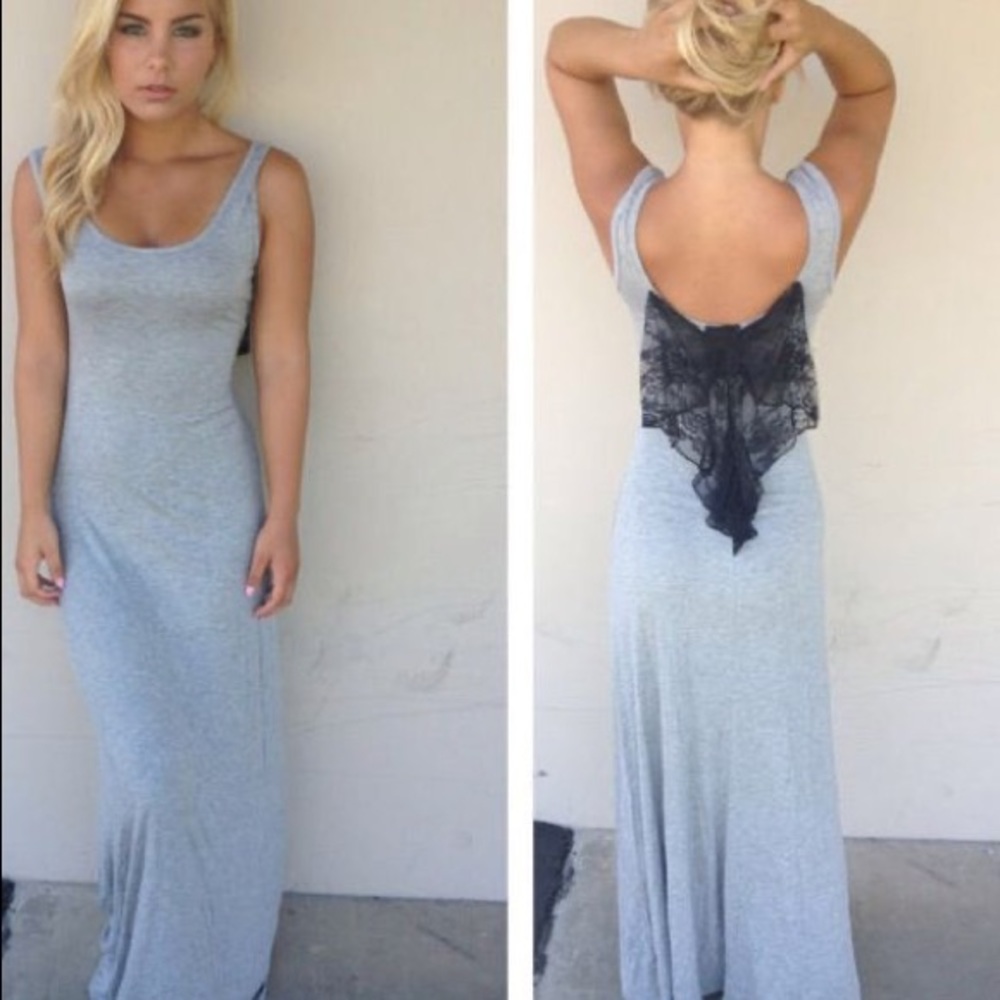 Gray Maxi Dress with Lace Bow on the Back